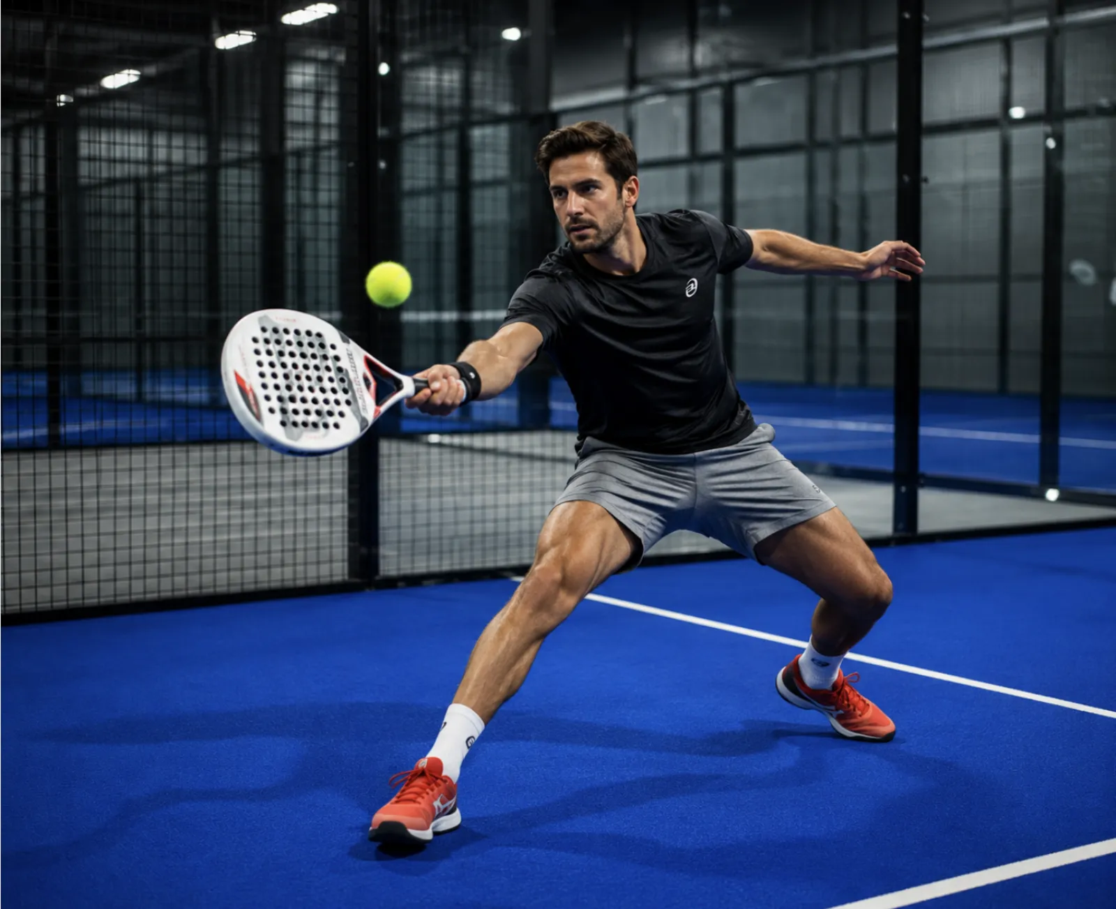 Padelspeler in actie met racket in hand